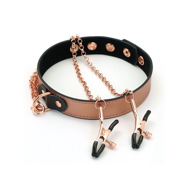 Ошейник с зажимами для сосков Liebe Seele Rose Gold Memory Collar with Nipple Clamps, кожа SO9495 фото