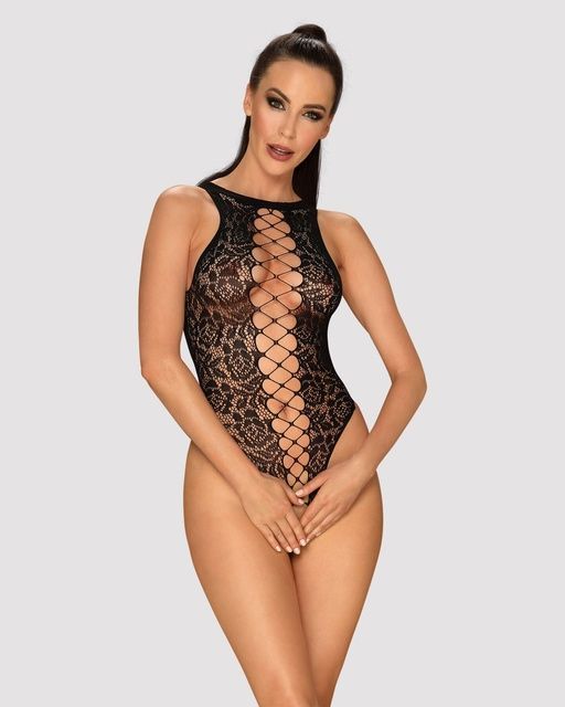 Ажурний бодістокінг із ефектом шнурівки Obsessive B129 teddy black S/M/L, чорний, з доступом SO7213 фото