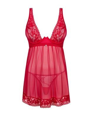 Прозора сорочка бебі-дол Obsessive Lacelove babydoll & thong XL/2XL Red, мереживо, стрінги SO8648 фото