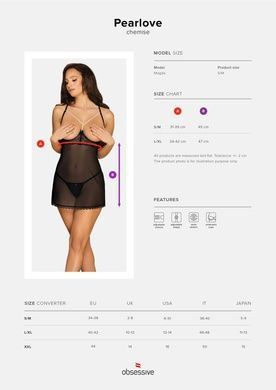 Прозрачная сорочка с открытой грудью Obsessive Pearlove chemise & thong black S/M, трусики SO7877 фото