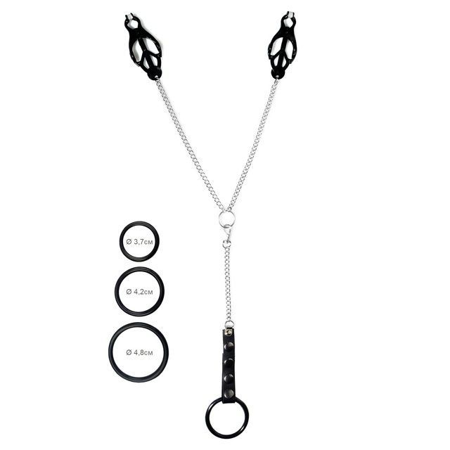 Затискач для сосків Art of Sex - Nipple Clamps for Men Black clover з ерекційними кільцями SO9838 фото