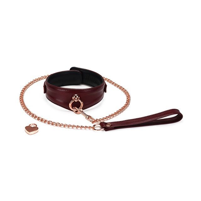 Кожаный ошейник с поводком Liebe Seele Wine Red Curved Collar, замок-сердечко SO9463 фото