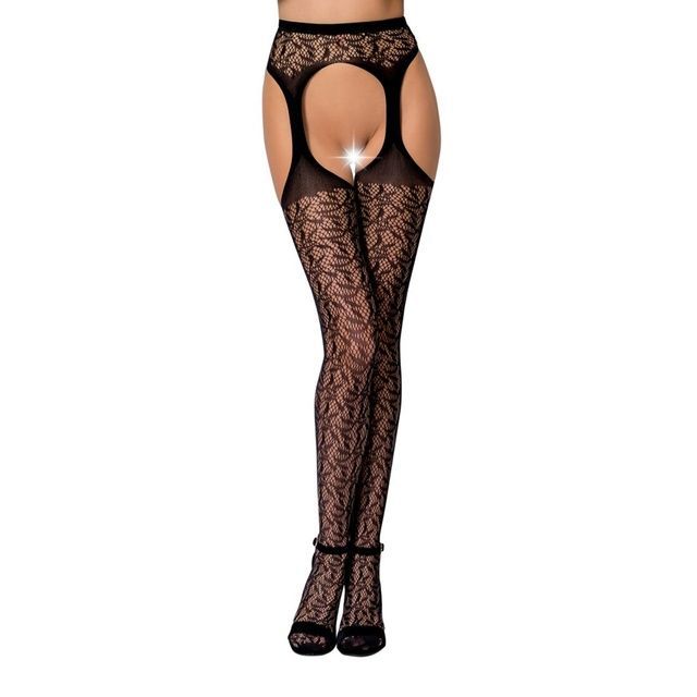 Мереживні колготки-бодістокінги Passion S014 One Size, Black, імітація панчіх та пояса з гартерами PSS014B фото