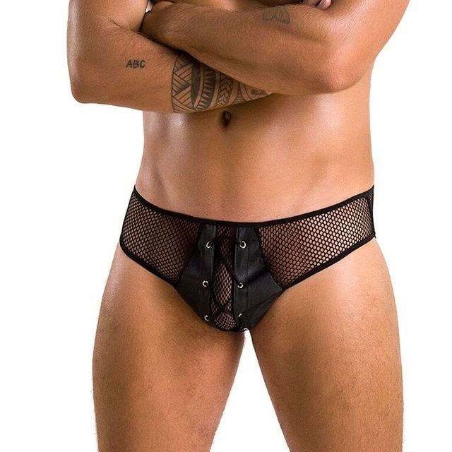 Мужские трусы со шнуровкой Passion 035 SLIP RICHARD XXL/XXXL Black, экокожа, сетка SO7578 фото
