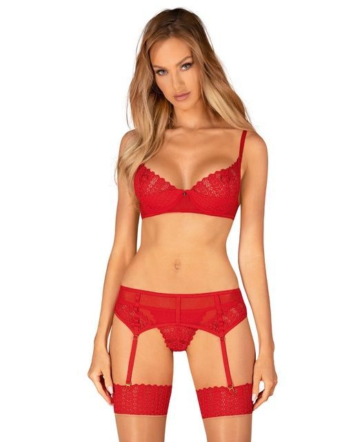 Комплект Obsessive Ingridia 3-pcs set XL/2XL, красный, бюстгальтер, стринги, пояс SO9035 фото