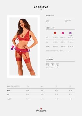 Комплект белья Obsessive Lacelove cupless 3pcs set XS/S Red, бюстгальтер, стринги, пояс для чулок SO8655 фото