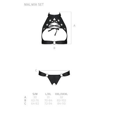 Комплект, открытый топ и трусики из эко-кожи с люверсами Passion MALWIA SET with Open Bra S/M, black SO5769 фото