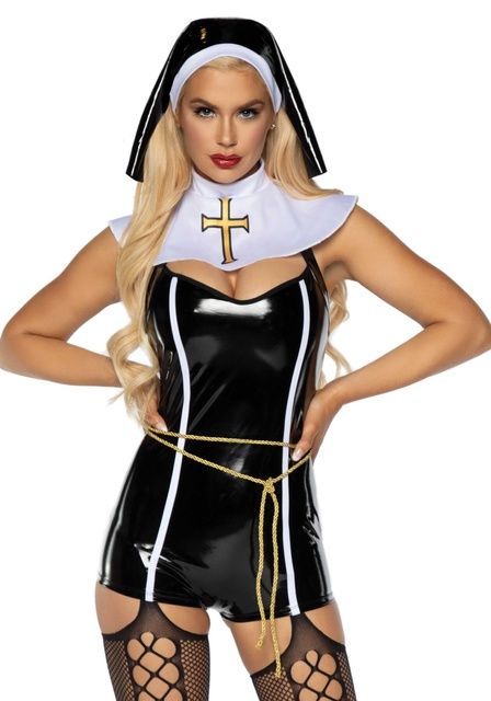 (SALE)Виниловый костюм монашки Leg Avenue Sinful Sister M, комбинезон, воротник, пояс, головной убор SO7992 фото