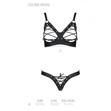 Комплект из экокожи Passion CELINE BIKINI L/XL, black, открытый бра с лентами, стринги со шнуровкой SO6400 фото