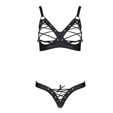 Комплект из экокожи Passion CELINE BIKINI L/XL, black, открытый бра с лентами, стринги со шнуровкой SO6400 фото