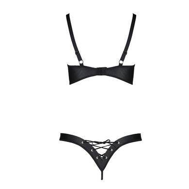 Комплект из экокожи Passion CELINE BIKINI S/M, black, открытый бра с лентами, стринги со шнуровкой SO6401 фото