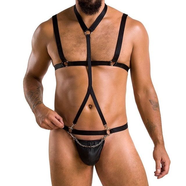Комплект мужского белья из стреп Passion 039 SET ANDREW S/M Black, стринги, шлейка SO7589 фото