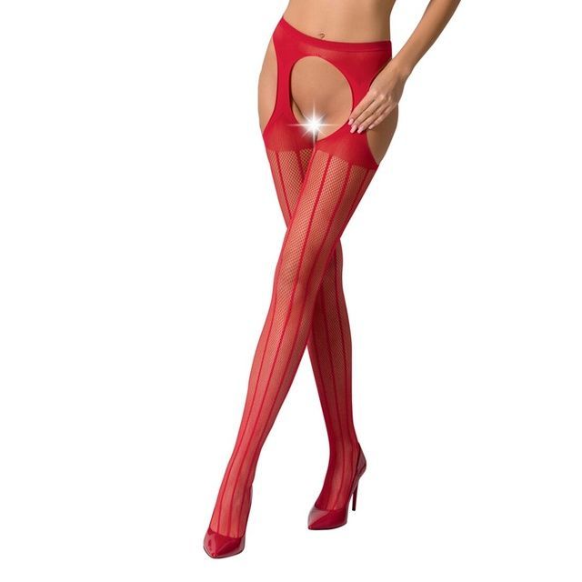Сітчасті панчохи-стокінги Passion S018 One Size, Red, імітація пояса, сітка з вертикальними смужками PSS018R фото