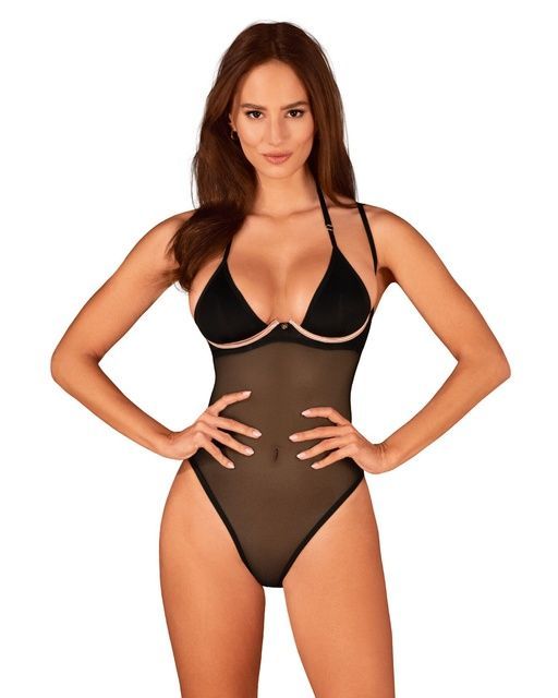 Прозрачное боди Obsessive Selinne teddy M/L Black, мелкая сетка, двойные бретели SO8665 фото